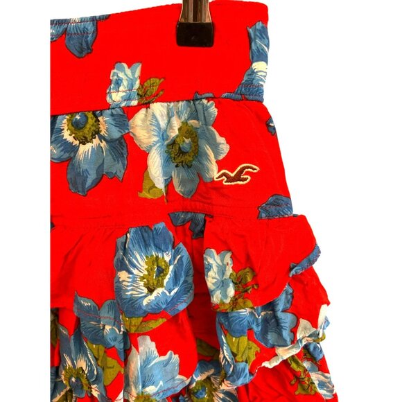 Y2K Hollister Hawaiian Tropical Red Floral Ruffled Mini Skirt SZ S Preppy Summer - Picture 2 of 6